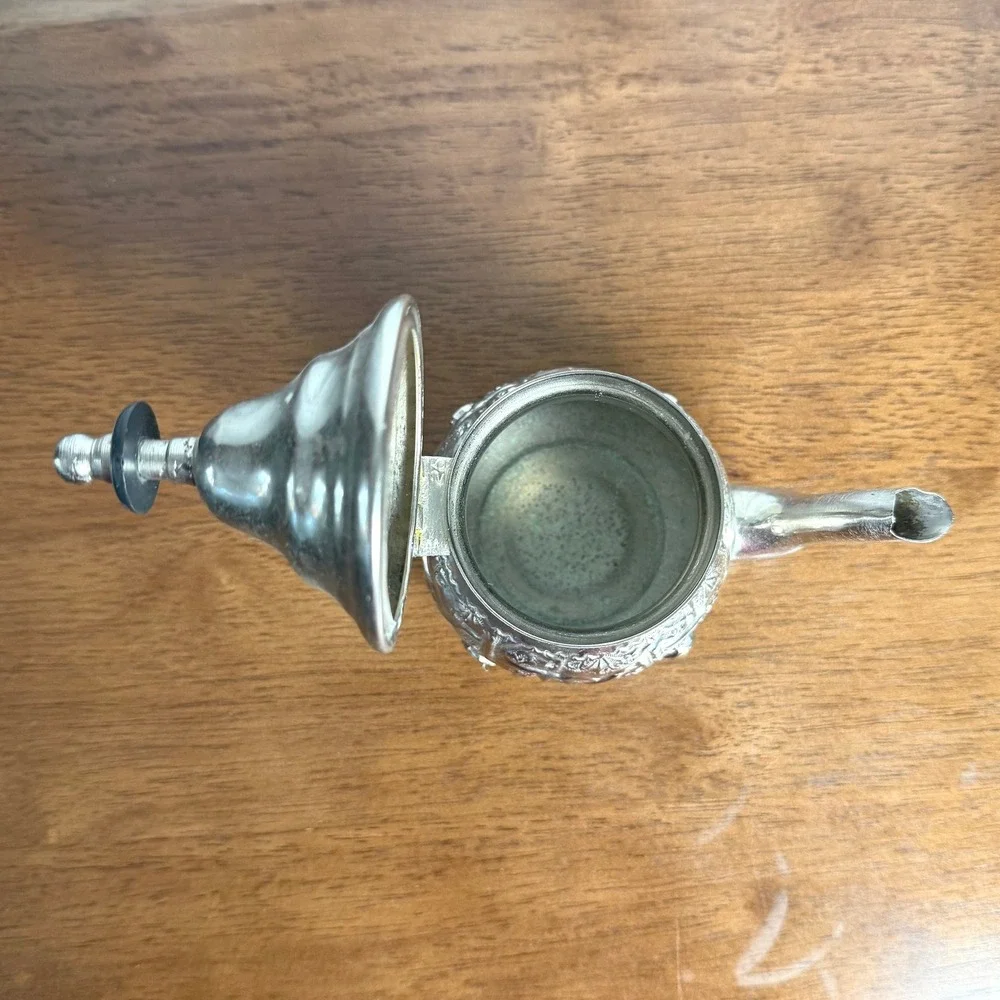 VTG Moroccan Silver Plate Teapot Repousse Footed Fez Style Wood Finial Signed